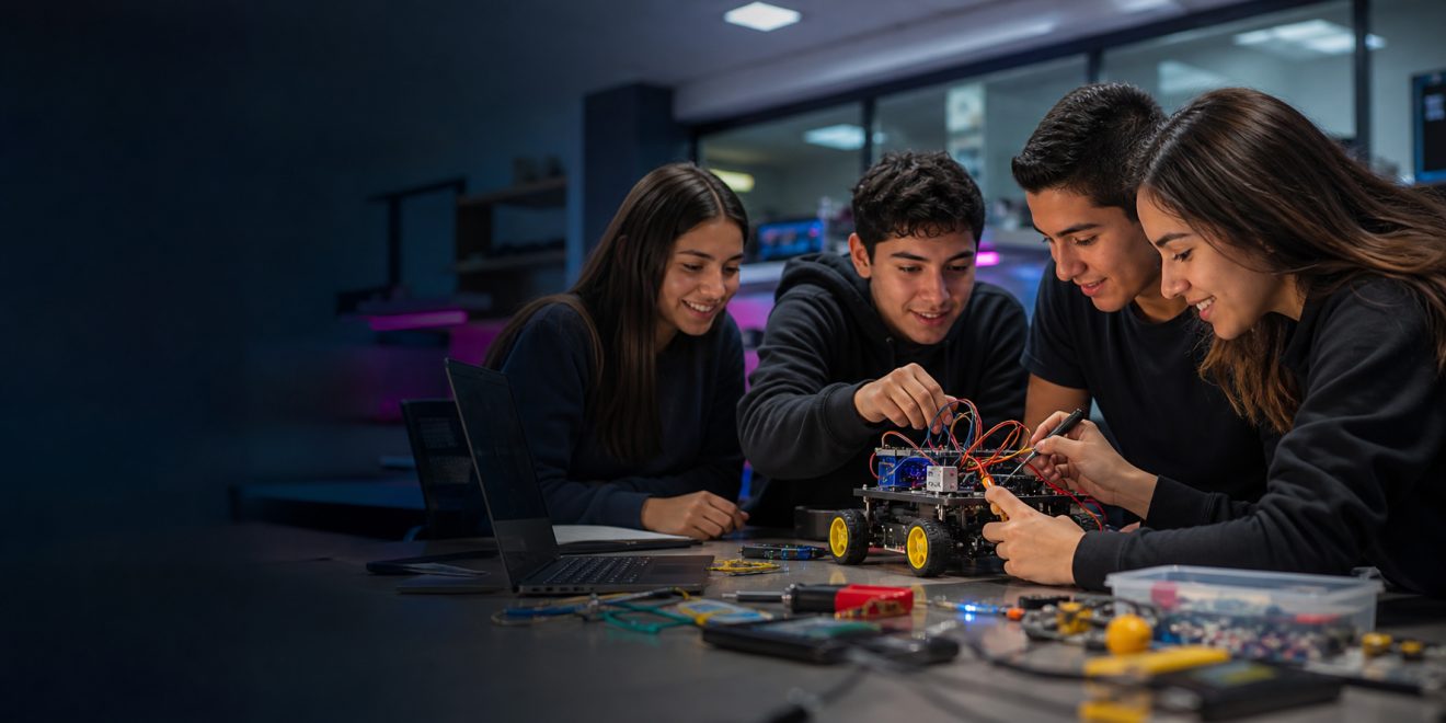 Estudiantes secundarios trabajando juntos en un proyecto de robótica